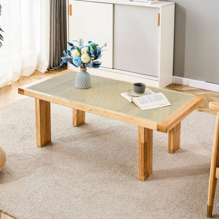 Modern Rattan Side Table, Small Rectangular End Table with Wood Legs Image 1