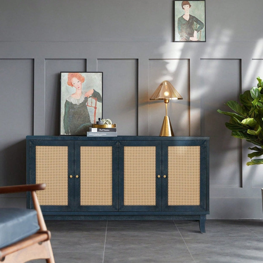 Modern Rattan Sideboard Cabinet with Adjustable Shelves and 4 Doors for Living Room Storage Image 1