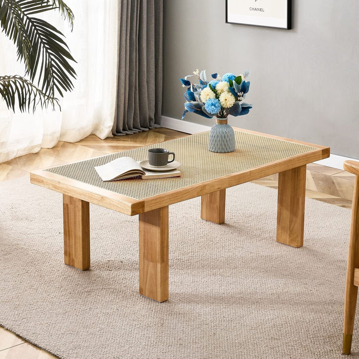 Modern Rattan Side Table, Small Rectangular End Table with Wood Legs Image 2