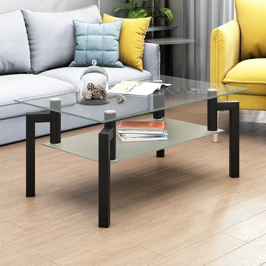 Modern Rectangle Black Glass Coffee Table - Clear Top Center Table for Living Room, Stylish Side Table Furniture Image 1