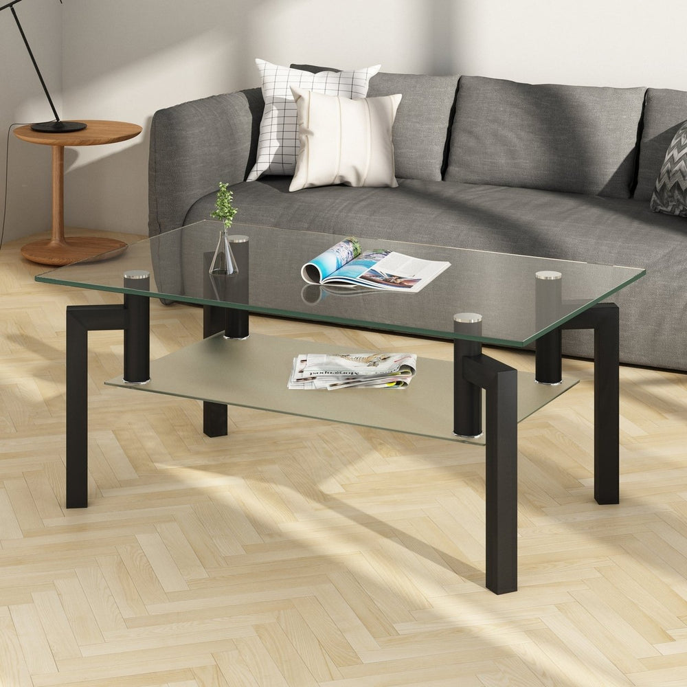 Modern Rectangle Black Glass Coffee Table - Clear Top Center Table for Living Room, Stylish Side Table Furniture Image 2