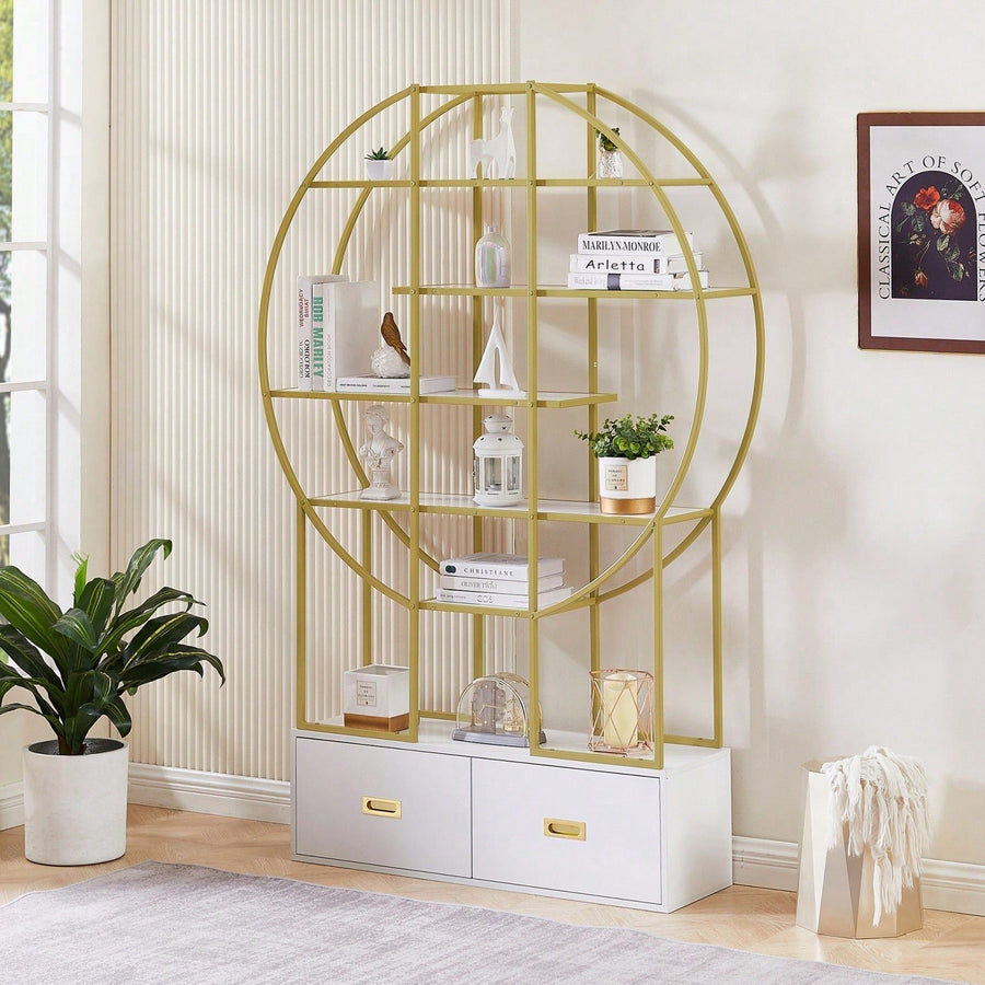 Modern Round Bookcase Bookshelf, Gold Frame, 5 Tiers Open Shelf, 2 Drawers Image 1