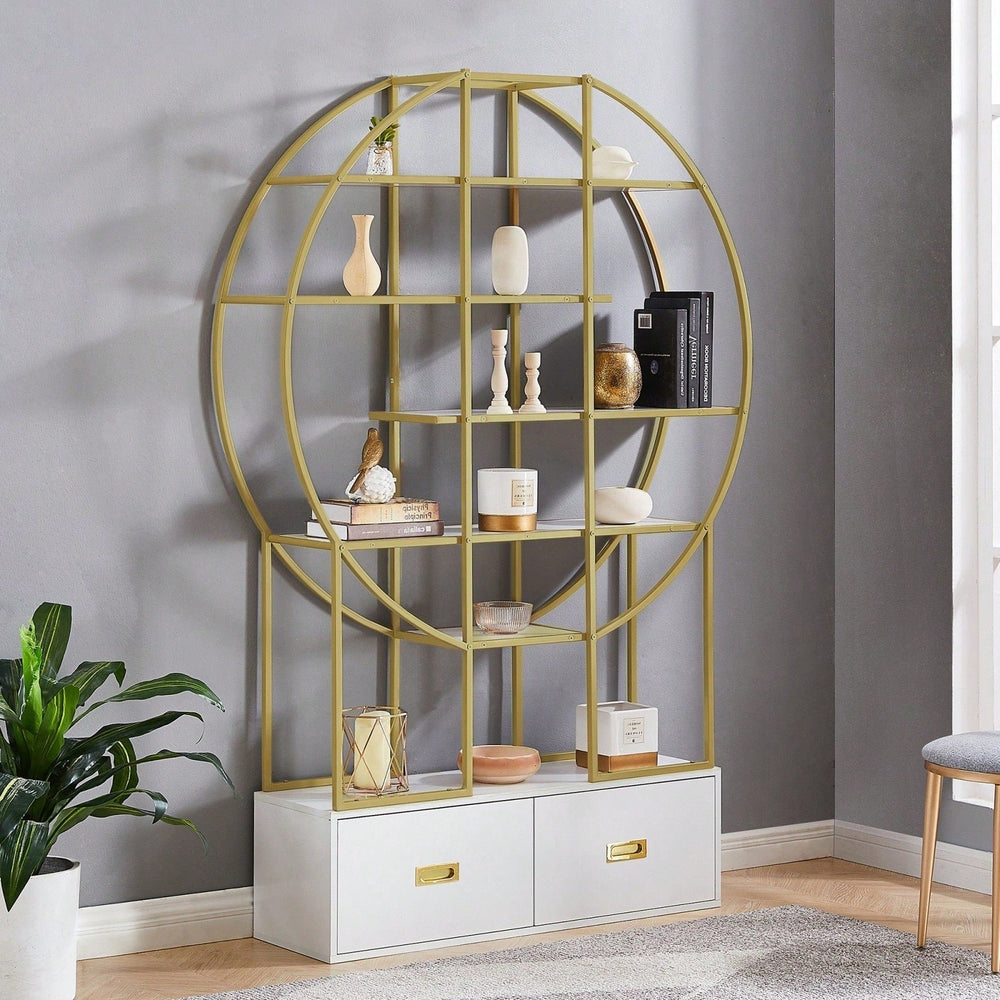 Modern Round Bookcase Bookshelf, Gold Frame, 5 Tiers Open Shelf, 2 Drawers Image 2