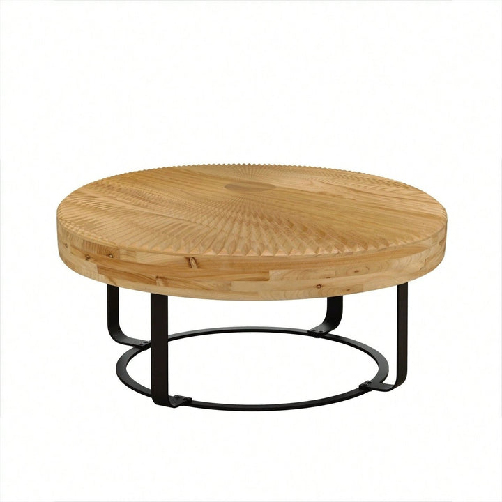 Modern Round Coffee Table Wooden Carving Pattern Coffee Table With Metal Legs For Living Room Reception Room Office Image 1