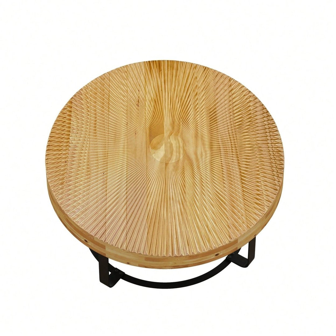 Modern Round Coffee Table Wooden Carving Pattern Coffee Table With Metal Legs For Living Room Reception Room Office Image 2