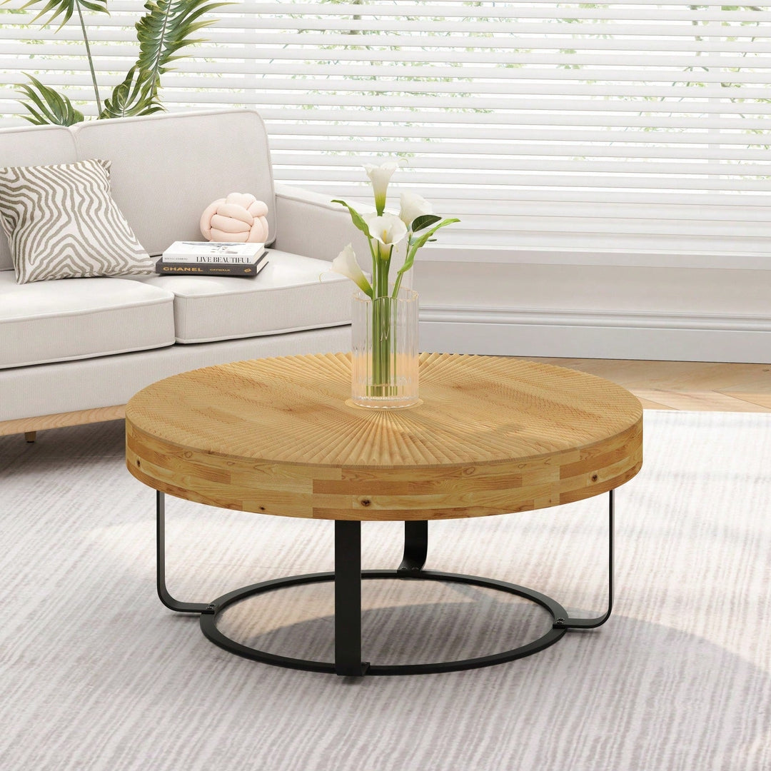 Modern Round Coffee Table Wooden Carving Pattern Coffee Table With Metal Legs For Living Room Reception Room Office Image 3