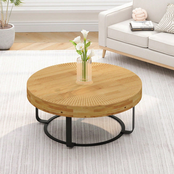 Modern Round Coffee Table Wooden Carving Pattern Coffee Table With Metal Legs For Living Room Reception Room Office Image 4