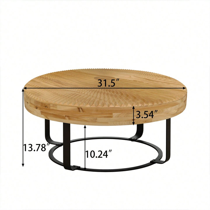 Modern Round Coffee Table Wooden Carving Pattern Coffee Table With Metal Legs For Living Room Reception Room Office Image 5