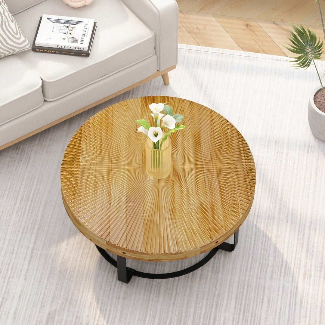 Modern Round Coffee Table Wooden Carving Pattern Coffee Table With Metal Legs For Living Room Reception Room Office Image 6