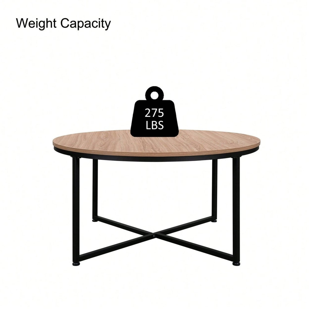 Modern Round Metal And Wood Coffee Table For Living Room With Adjustable Floor Protectors And Easy Clean Surface Image 2