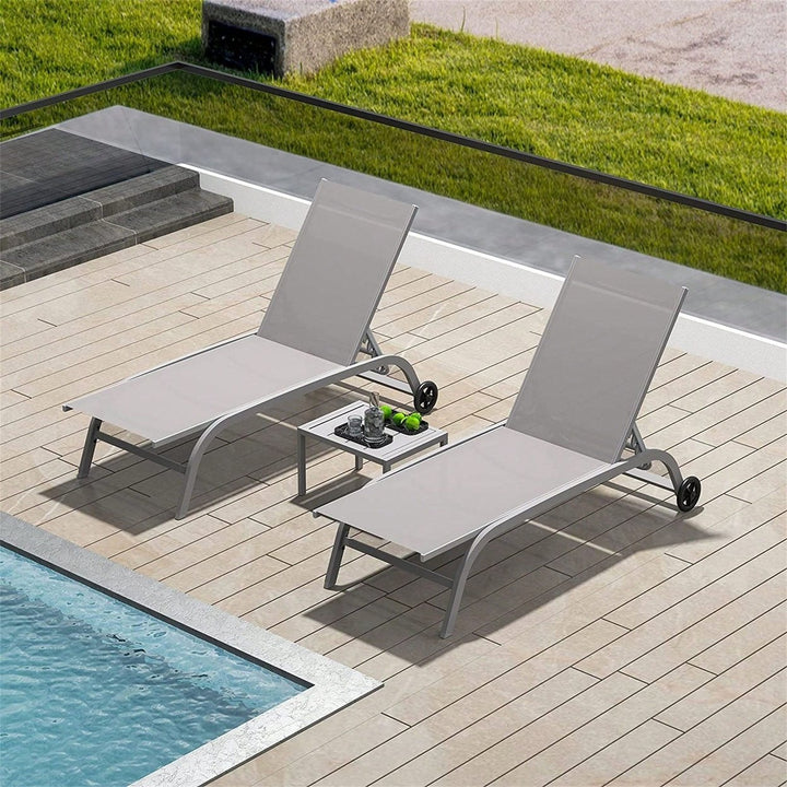 Outdoor Chaise Lounge Set of 3 Adjustable Chairs with Wheels for Patio and Poolside Relaxation Image 2