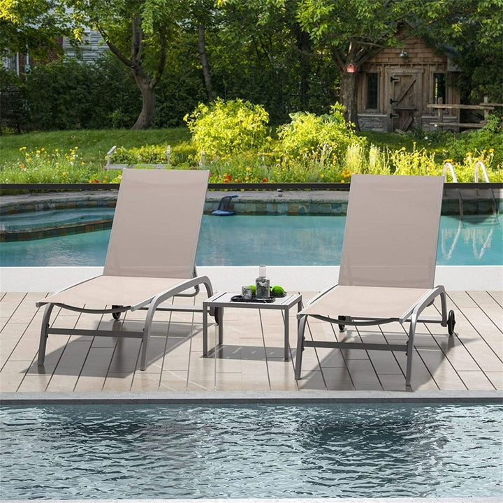 Outdoor Chaise Lounge Set of 3 Adjustable Chairs with Wheels for Patio and Poolside Relaxation Image 3