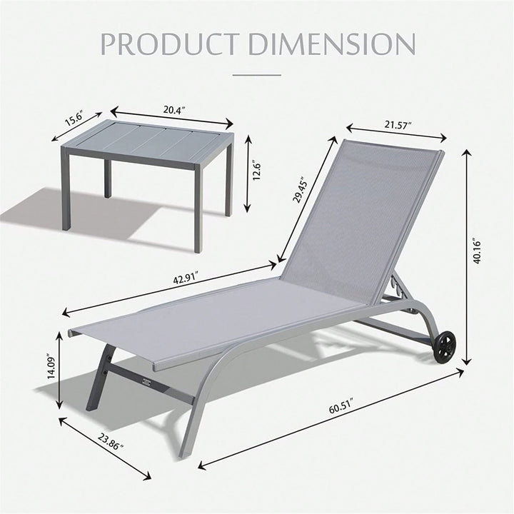 Outdoor Chaise Lounge Set of 3 Adjustable Chairs with Wheels for Patio and Poolside Relaxation Image 9