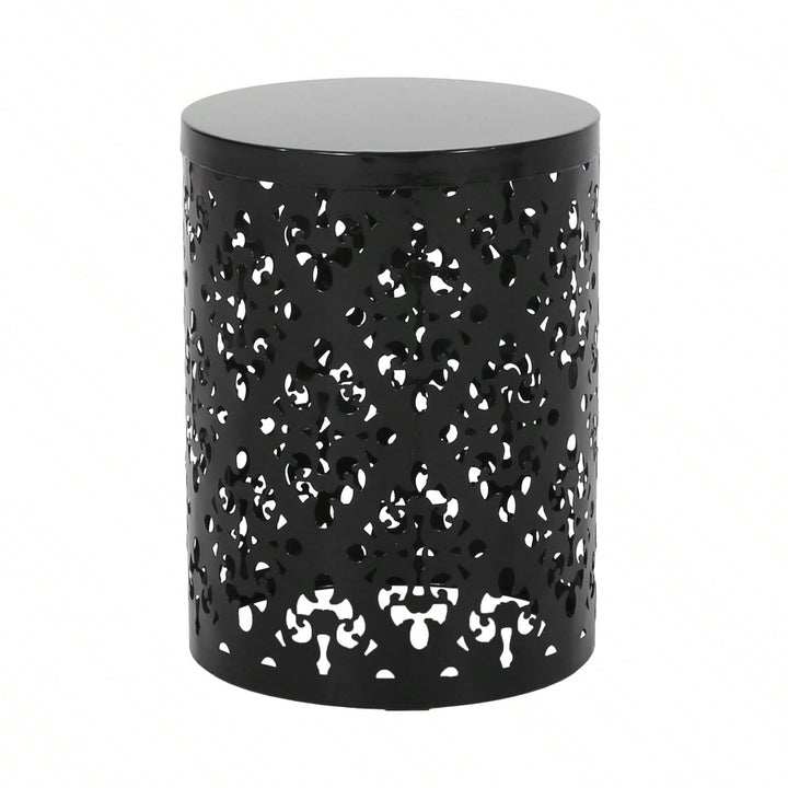 Outdoor Side Table, Metal Accent Table With Floral Design, Cylindrical End Table For Patio, Balcony, Garden, No Assembly Image 2