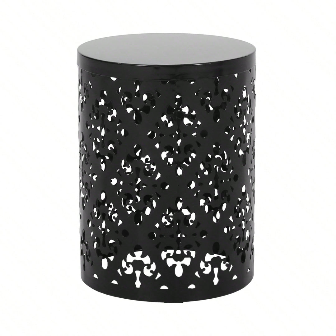 Outdoor Side Table, Metal Accent Table With Floral Design, Cylindrical End Table For Patio, Balcony, Garden, No Assembly Image 1