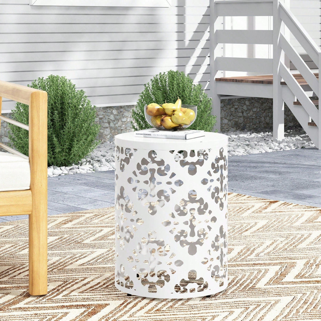 Outdoor Side Table, Metal Accent Table With Floral Design, Cylindrical End Table For Patio, Balcony, Garden, No Assembly Image 7