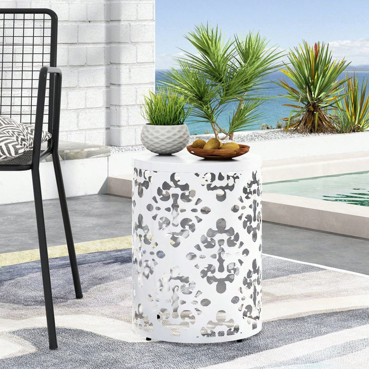 Outdoor Side Table, Metal Accent Table With Floral Design, Cylindrical End Table For Patio, Balcony, Garden, No Assembly Image 8