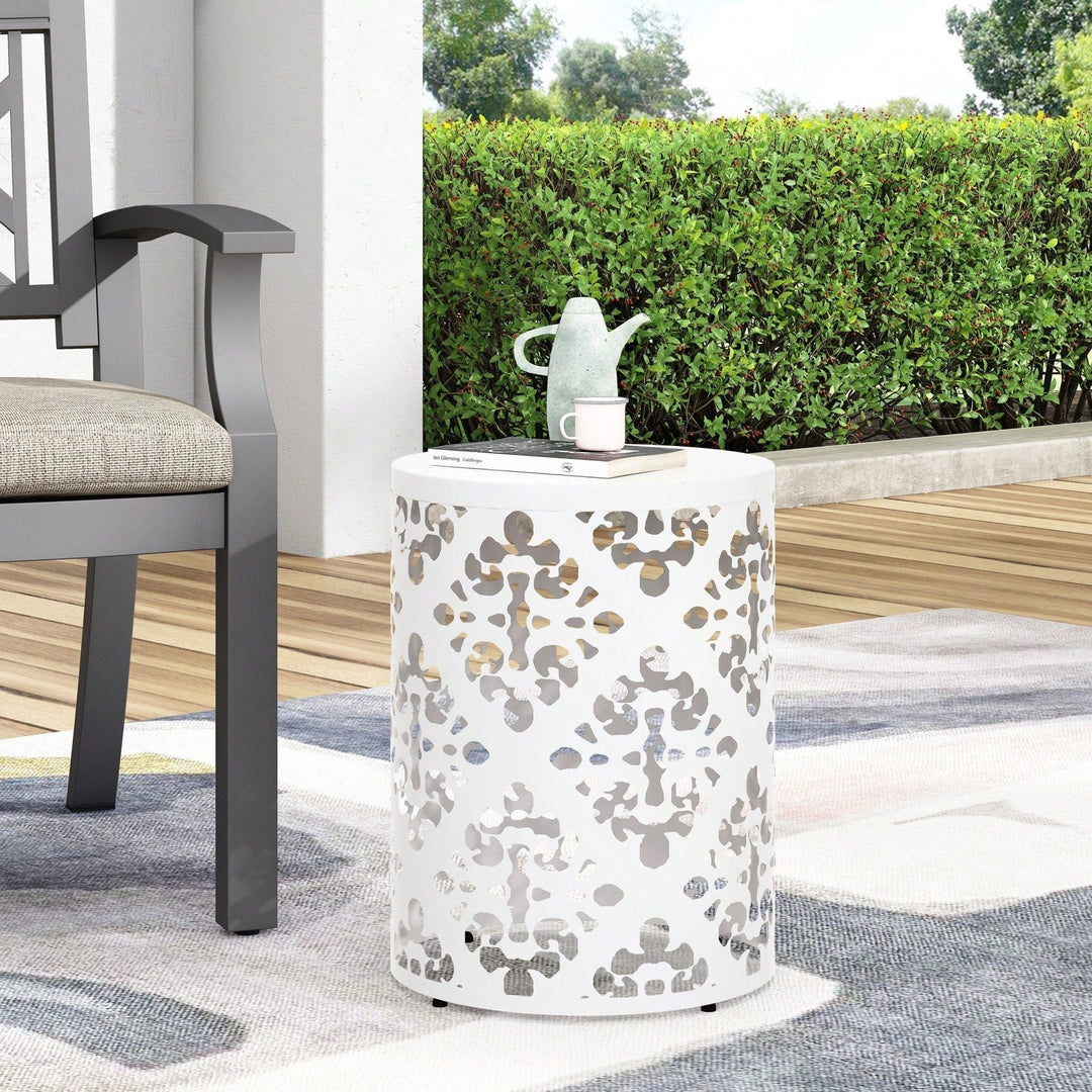 Outdoor Side Table, Metal Accent Table With Floral Design, Cylindrical End Table For Patio, Balcony, Garden, No Assembly Image 9