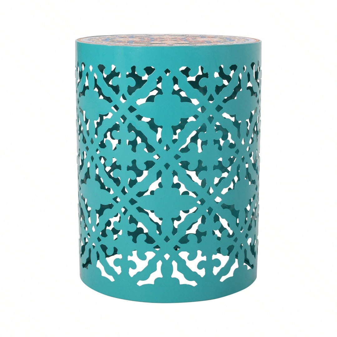 Mosaic Top Outdoor Side Table 18.25 Inch Tall Weather-Resistant Metal Frame for Garden Balcony Deck Decor Image 2