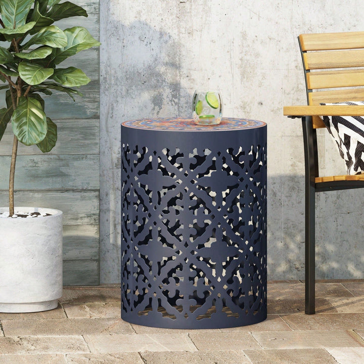 Mosaic Top Outdoor Side Table 18.25 Inch Tall Weather-Resistant Metal Frame for Garden Balcony Deck Decor Image 7