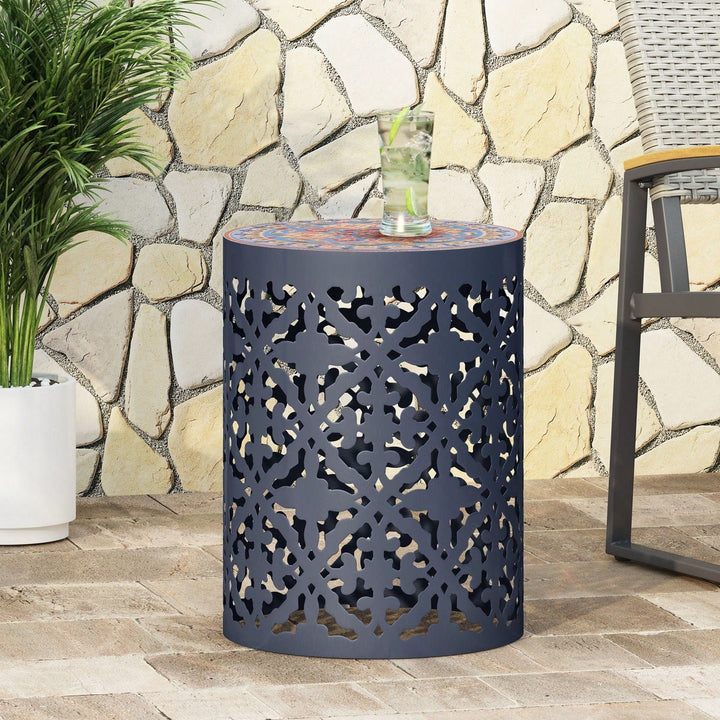 Mosaic Top Outdoor Side Table 18.25 Inch Tall Weather-Resistant Metal Frame for Garden Balcony Deck Decor Image 8