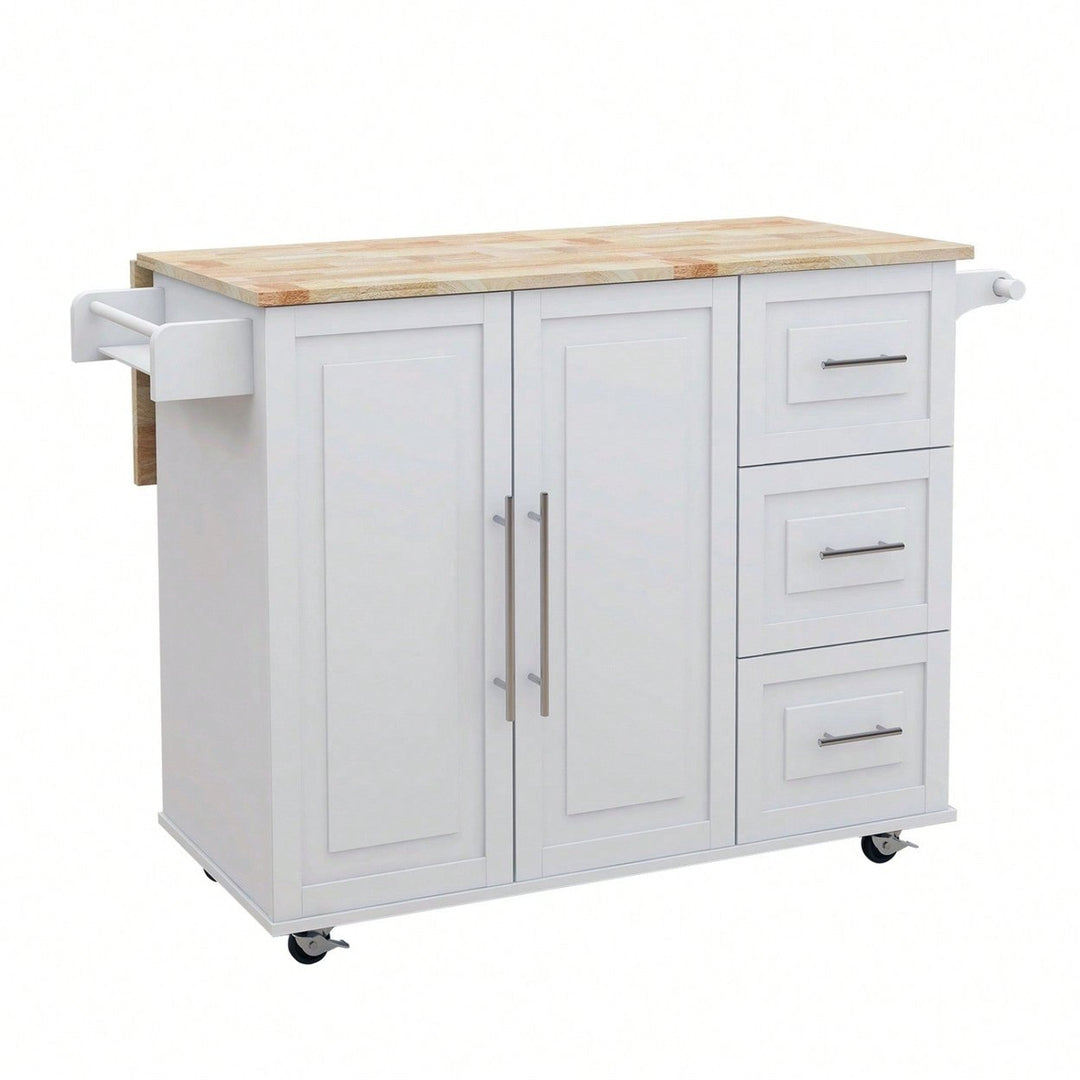 Multifunctional Kitchen Island With Extendable Solid Wood Tabletop, Spice Rack, Towel Bar, And Locking Casters Image 1