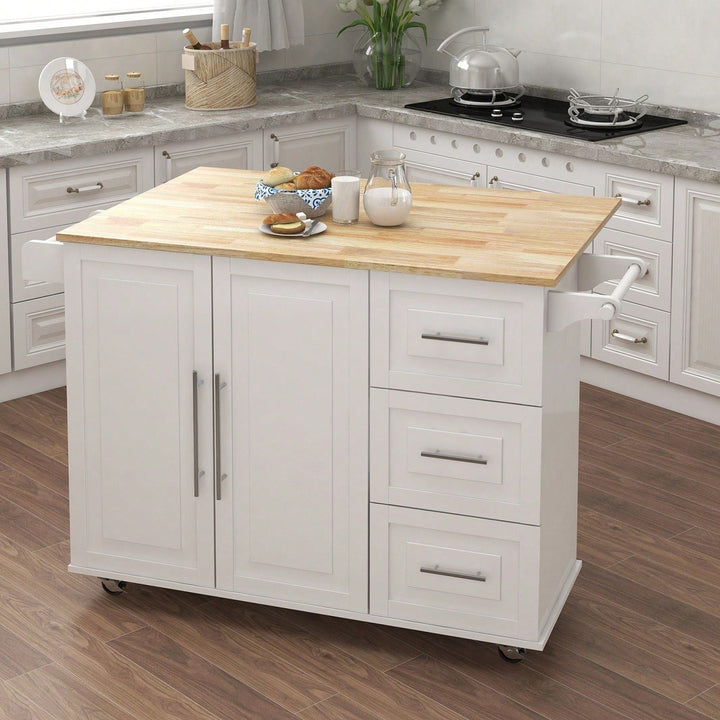 Multifunctional Kitchen Island With Extendable Solid Wood Tabletop, Spice Rack, Towel Bar, And Locking Casters Image 2