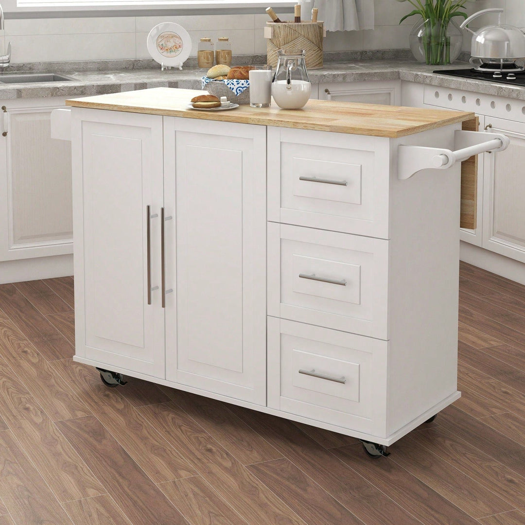 Multifunctional Kitchen Island With Extendable Solid Wood Tabletop, Spice Rack, Towel Bar, And Locking Casters Image 3