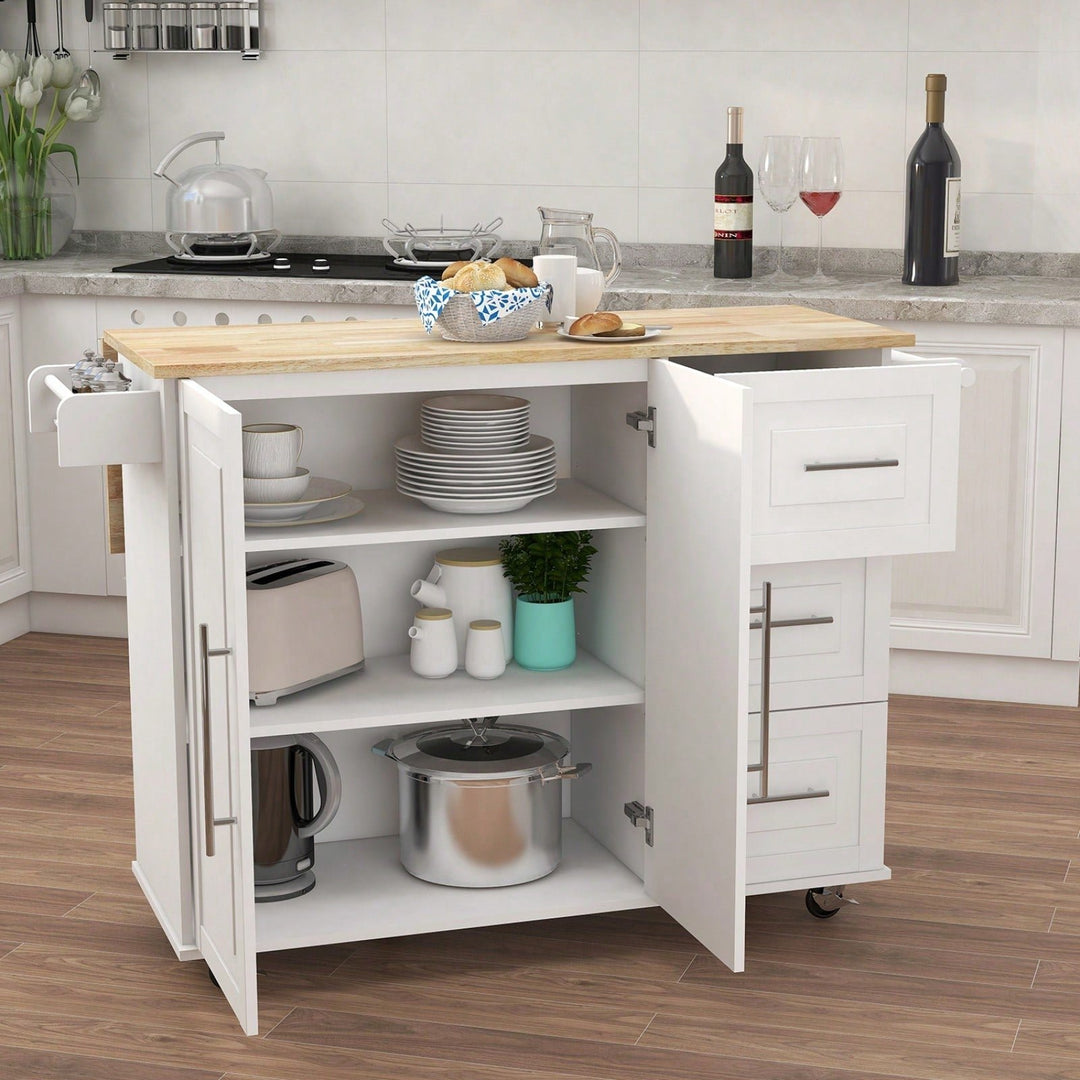 Multifunctional Kitchen Island With Extendable Solid Wood Tabletop, Spice Rack, Towel Bar, And Locking Casters Image 4