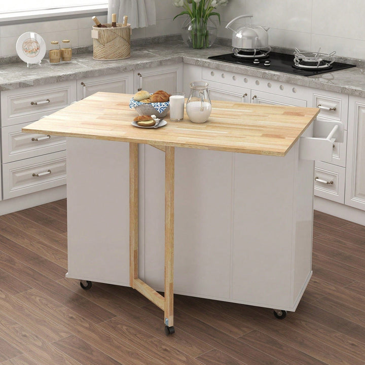 Multifunctional Kitchen Island With Extendable Solid Wood Tabletop, Spice Rack, Towel Bar, And Locking Casters Image 5