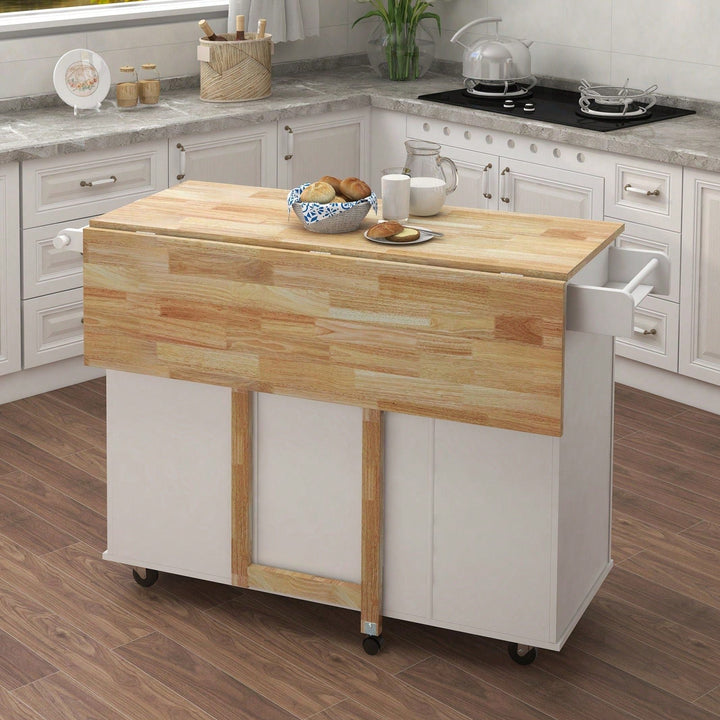 Multifunctional Kitchen Island With Extendable Solid Wood Tabletop, Spice Rack, Towel Bar, And Locking Casters Image 6