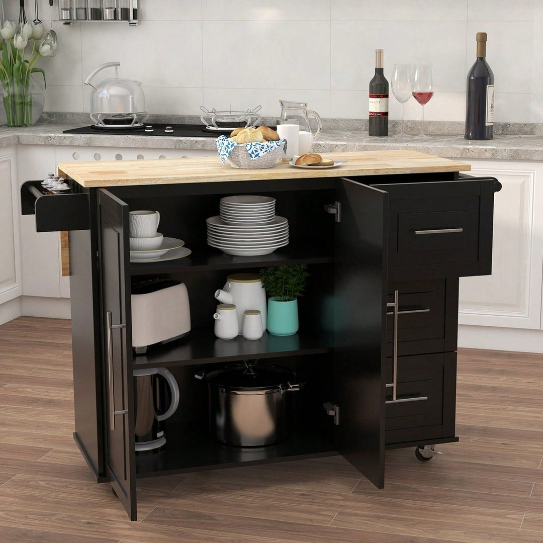 Multifunctional Kitchen Island With Extendable Solid Wood Tabletop, Spice Rack, Towel Bar, And Locking Casters Image 7