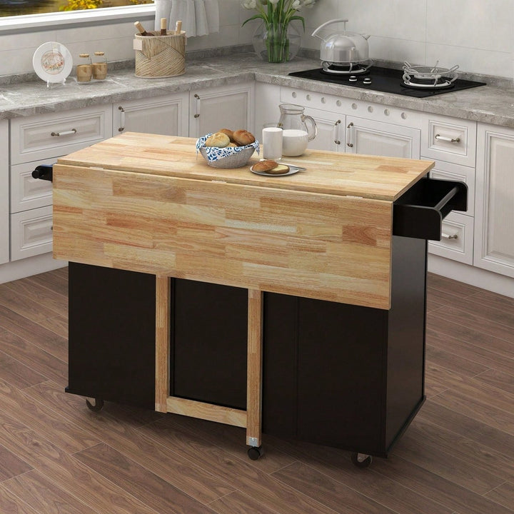 Multifunctional Kitchen Island With Extendable Solid Wood Tabletop, Spice Rack, Towel Bar, And Locking Casters Image 9