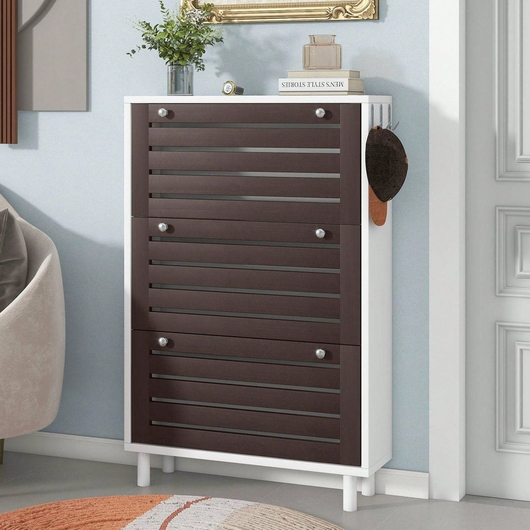 Narrow Shoe Cabinet with 3 Flip Drawers and Hooks Wood Grain Entryway Organizer Adjustable Free Standing Rack Image 1