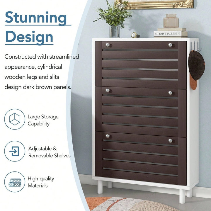 Narrow Shoe Cabinet with 3 Flip Drawers and Hooks Wood Grain Entryway Organizer Adjustable Free Standing Rack Image 4