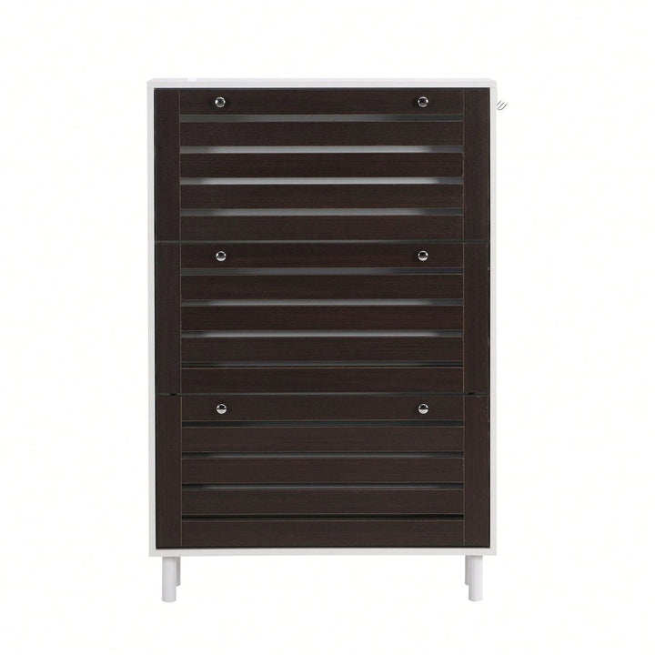 Narrow Shoe Cabinet with 3 Flip Drawers and Hooks Wood Grain Entryway Organizer Adjustable Free Standing Rack Image 10