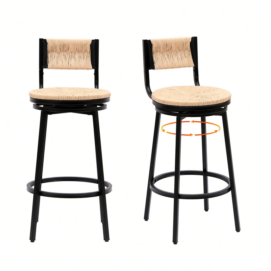 Rustic Swivel Bar Stools Set of 2 Handwoven Back and Seat 360 Counter Chairs for Kitchen Island Black Frame 220lb Image 1