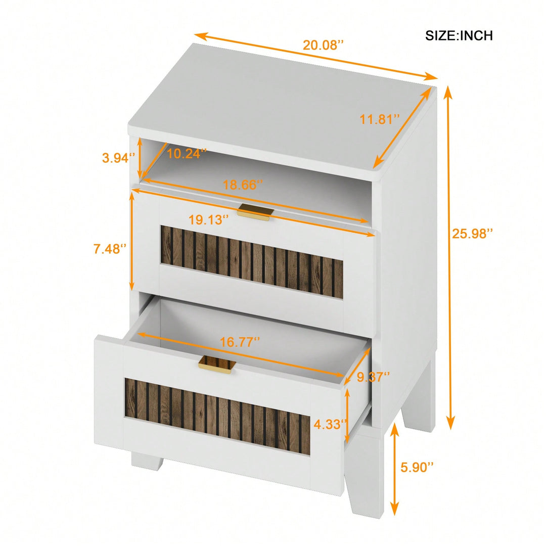 Rustic 2-Drawer Wooden Nightstand With Metal Handles And Wooden Strip Decoration For Bedroom Storage Image 6