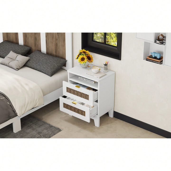 Rustic 2-Drawer Wooden Nightstand With Metal Handles And Wooden Strip Decoration For Bedroom Storage Image 10