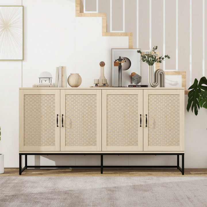 Rattan Accent Sideboard Buffet Cabinet with Adjustable Shelves and 4 Doors for Living and Dining Room Storage Image 1