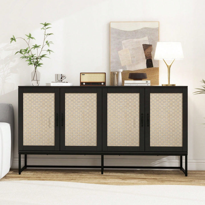 Rattan Accent Sideboard Buffet Cabinet with Adjustable Shelves and 4 Doors for Living and Dining Room Storage Image 2