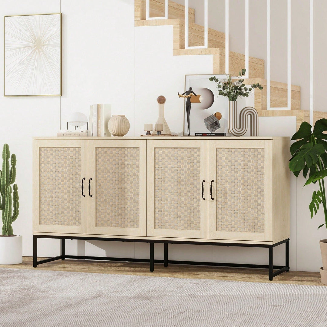 Rattan Accent Sideboard Buffet Cabinet with Adjustable Shelves and 4 Doors for Living and Dining Room Storage Image 3