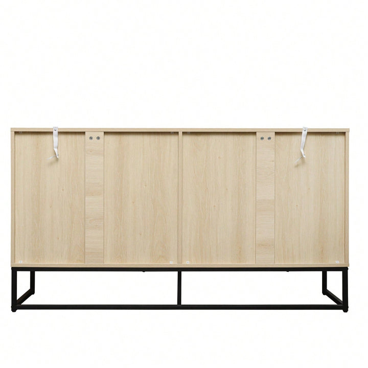 Rattan Accent Sideboard Buffet Cabinet with Adjustable Shelves and 4 Doors for Living and Dining Room Storage Image 4