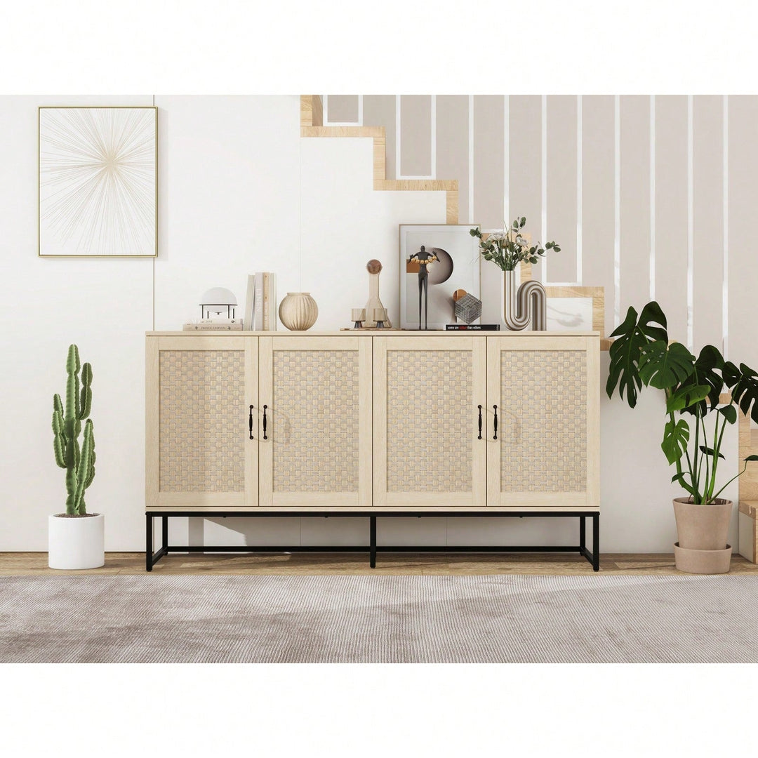 Rattan Accent Sideboard Buffet Cabinet with Adjustable Shelves and 4 Doors for Living and Dining Room Storage Image 5