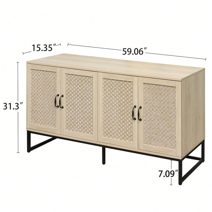 Rattan Accent Sideboard Buffet Cabinet with Adjustable Shelves and 4 Doors for Living and Dining Room Storage Image 6