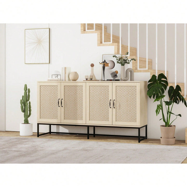 Rattan Accent Sideboard Buffet Cabinet with Adjustable Shelves and 4 Doors for Living and Dining Room Storage Image 7