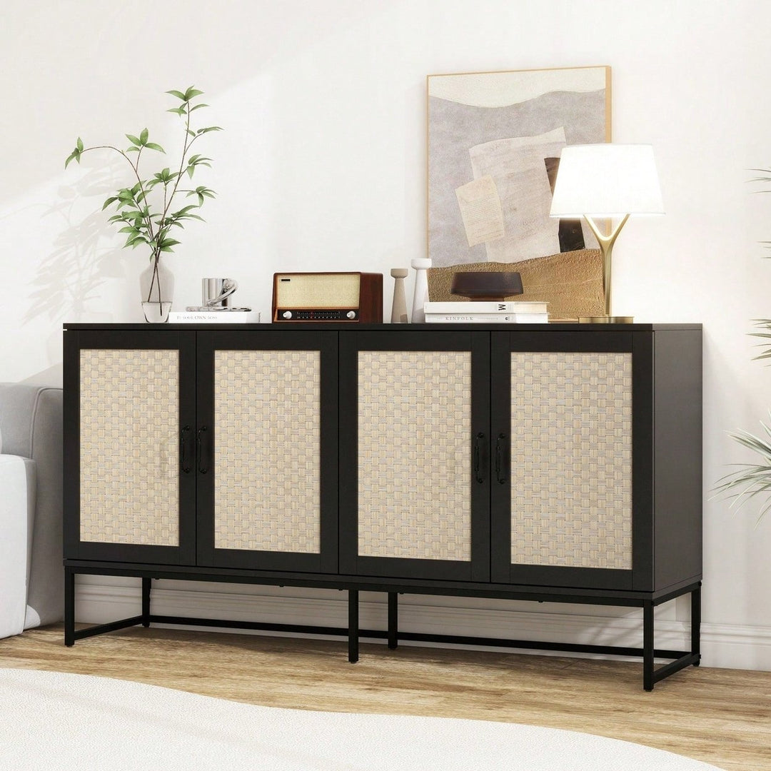 Rattan Accent Sideboard Buffet Cabinet with Adjustable Shelves and 4 Doors for Living and Dining Room Storage Image 9