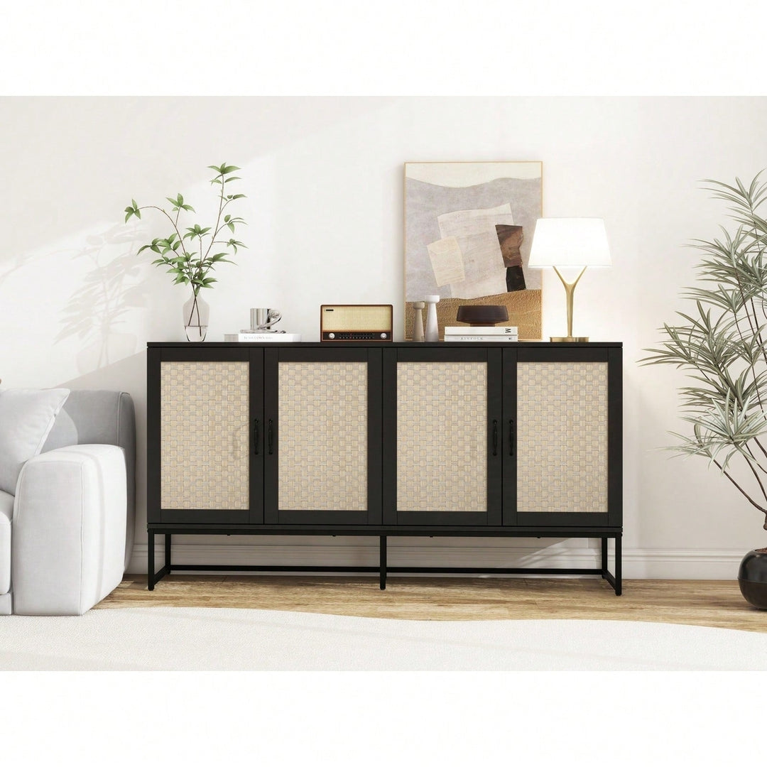 Rattan Accent Sideboard Buffet Cabinet with Adjustable Shelves and 4 Doors for Living and Dining Room Storage Image 10