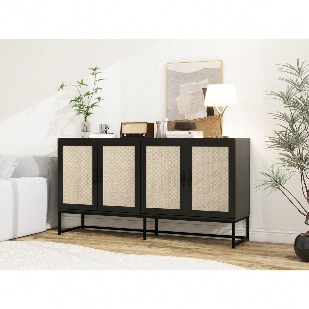 Rattan Accent Sideboard Buffet Cabinet with Adjustable Shelves and 4 Doors for Living and Dining Room Storage Image 11