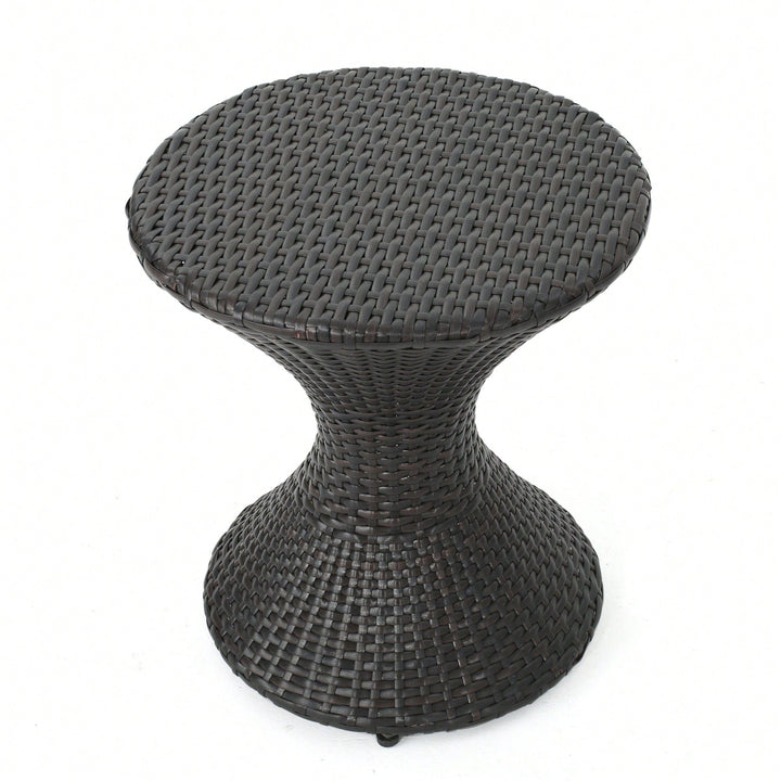 Outdoor Hourglass-Shaped Multi-Brown Wicker Side Table For Garden Patio Backyard Image 2